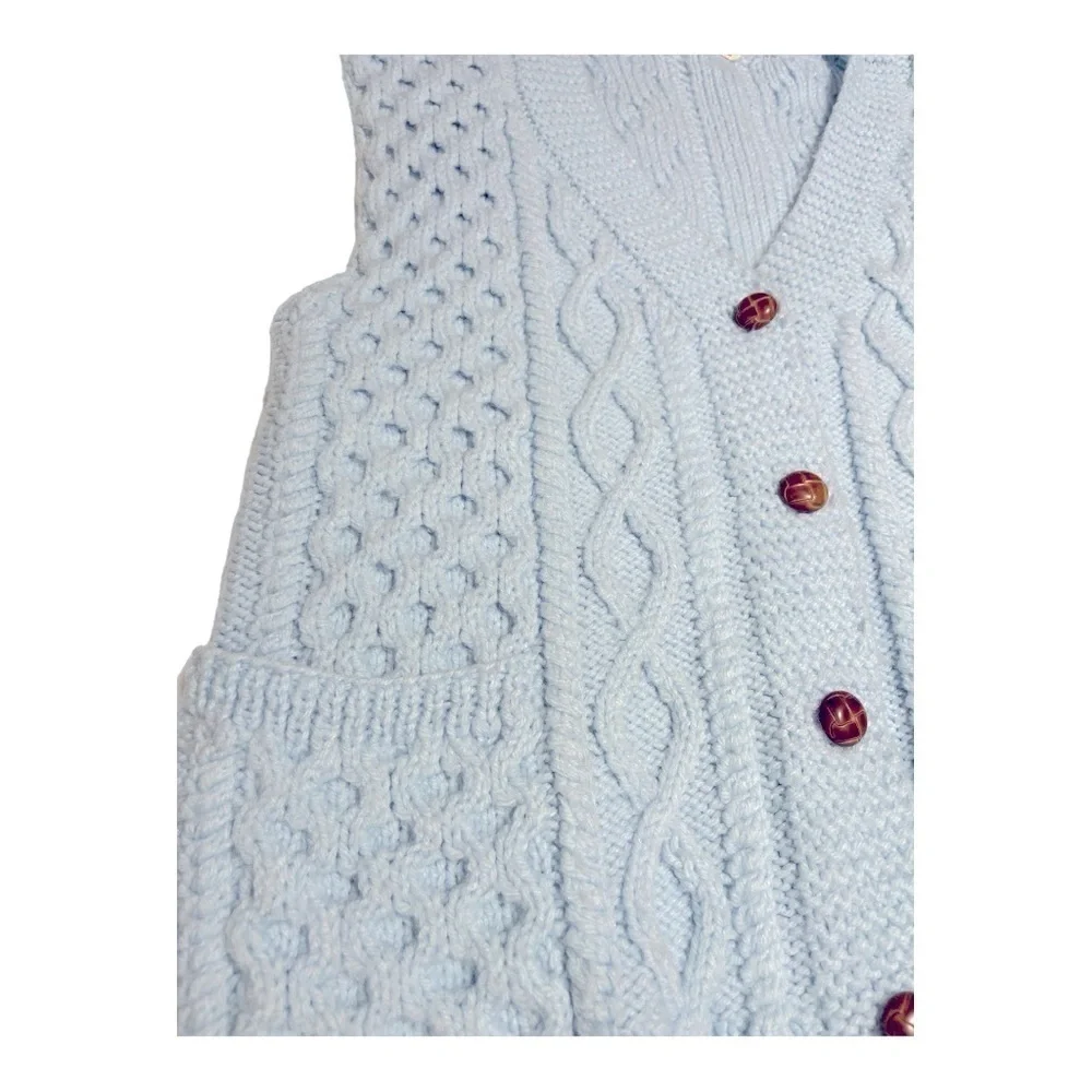 Baby Blue Chunky Hand Knit Vest 1970s Size Small